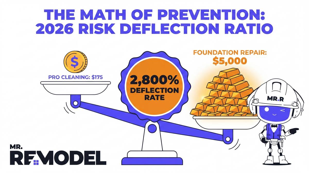 An ROI infographic showing that a small investment in gutter cleaning deflections a foundation repair cost by 2,800%.